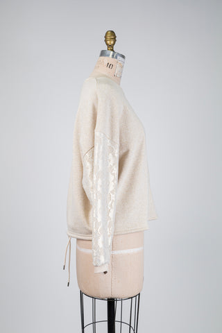 Chandail en molleton beige doré à dentelle (M)