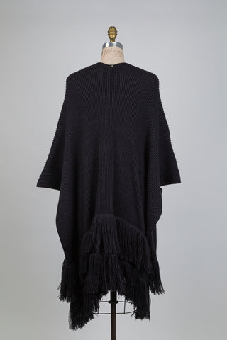 Poncho en tricot côtelé noir à franges (TU)