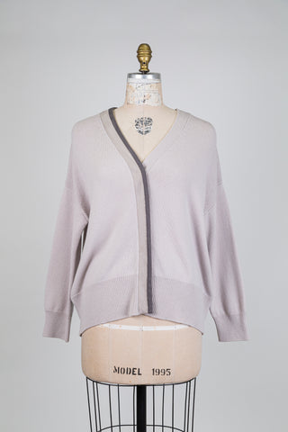 Lilac cardigan with grey faux suede band and jewel (6)