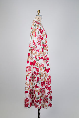 Robe florale rouge à volants étagés (L)