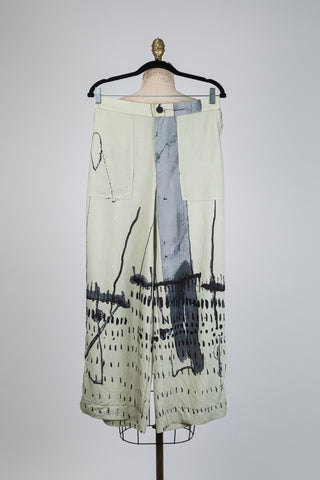 Pantalon vert sauge à imprimé abstrait noir (M)