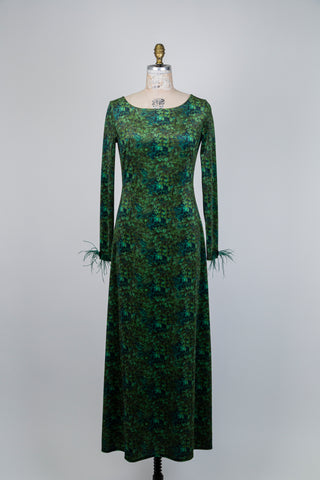 Green velvet printed dress with feather accents (S)