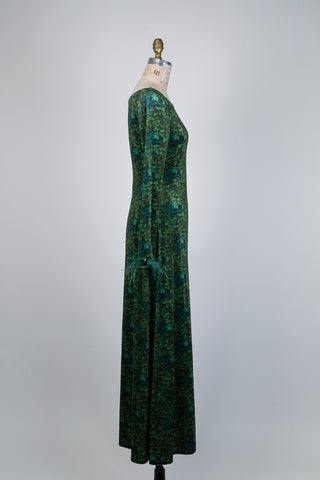 Green velvet printed dress with feather accents (S)
