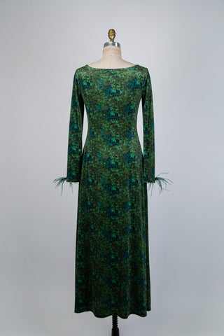 Green velvet printed dress with feather accents (S)