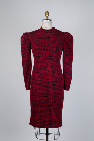 Robe pied-de-poule rouge à manches gigot (S)
