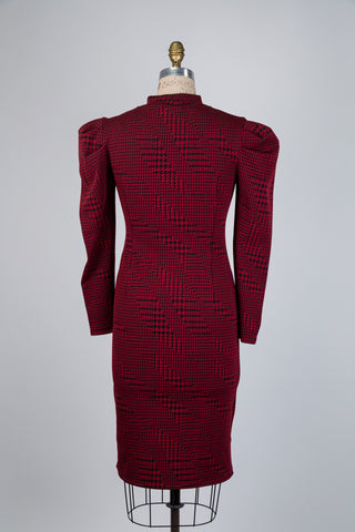 Robe pied-de-poule rouge à manches gigot (S)