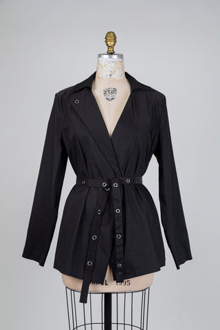 Black techno linen blazer with decorative eyelets (XS-SML)