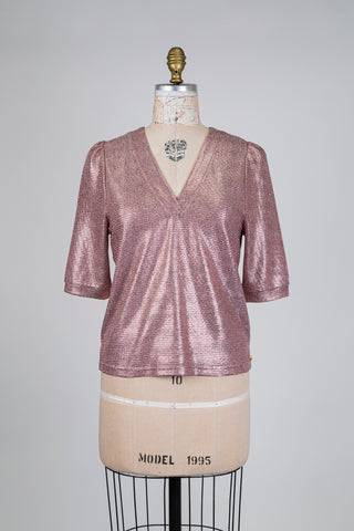 Chandail rose métallique à manches bouffantes (6)