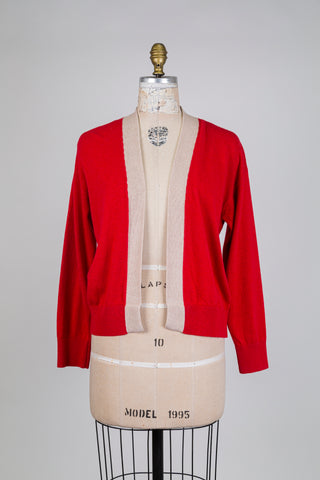 Cardigan rouge clair et beige (S)