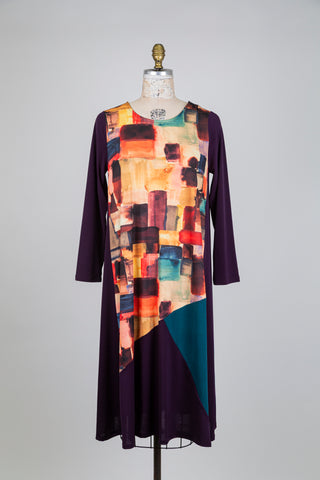 Plum dress with colorful rectangle pattern (S)