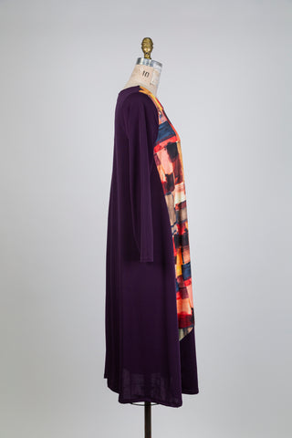 Plum dress with colorful rectangle pattern (S)