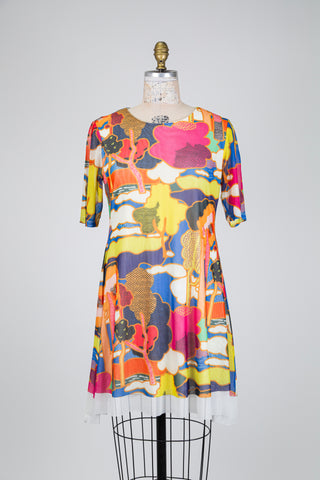 Multicolor printed dress with tulle overlay (S)