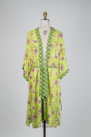 Veste kimono vert lime imprimé fleur de lys (S)