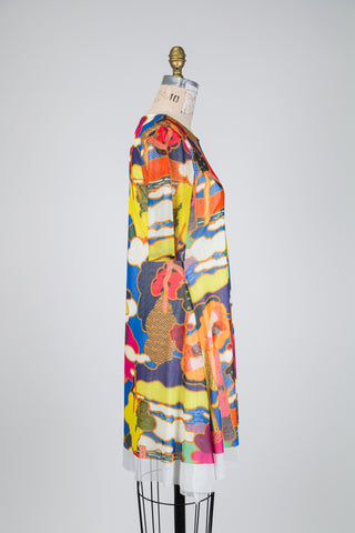 Multicolor printed dress with tulle overlay (S)