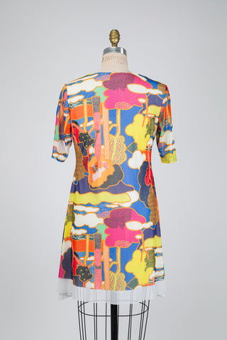 Multicolor printed dress with tulle overlay (S)