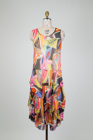 Dress with multicolored foliage print tulle veil (S)