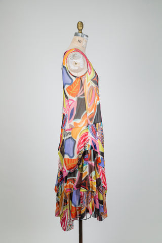Dress with multicolored foliage print tulle veil (S)