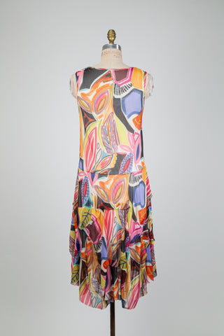 Dress with multicolored foliage print tulle veil (S)
