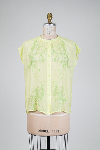 Blouse fluide jaune lime brodée (S)