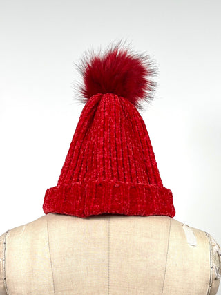 Red chenille knit velvet hat with pompom