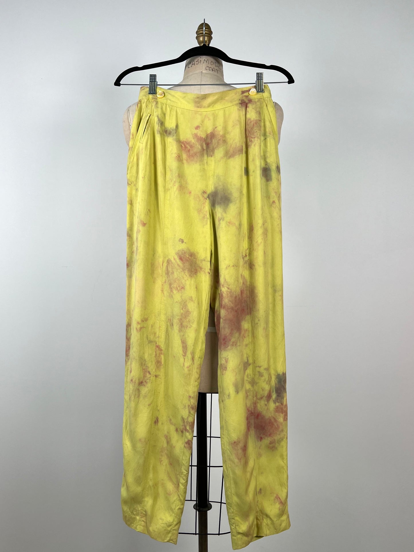 Pantalon à taille haute jaune tie dye en pure soie (XS)