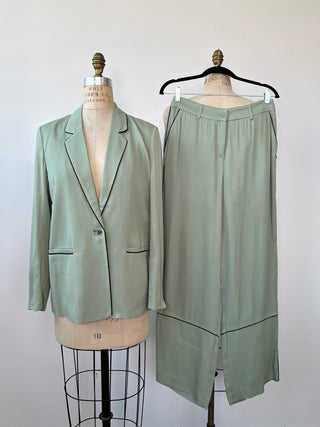 Green suit with black piping IMPERFECT* (S)