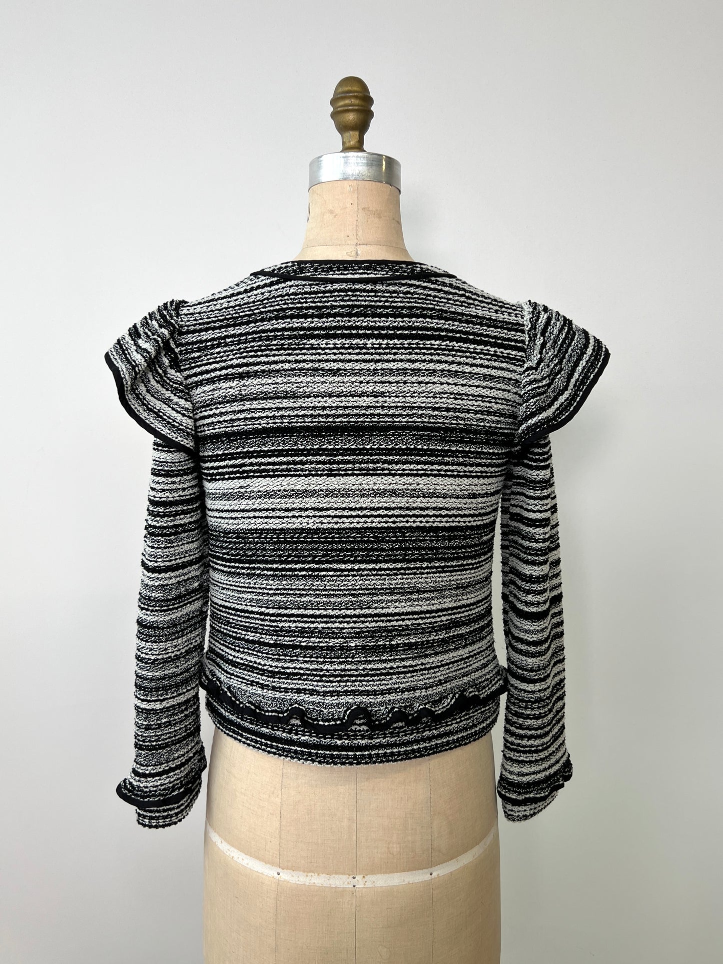 Veste ouverte effet tweed noir et blanc à volants lavable (XXS/XS)