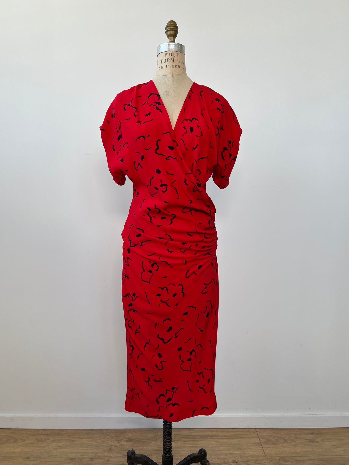 Robe vintage cache-coeur rouge à imprimé noir (XS/S)