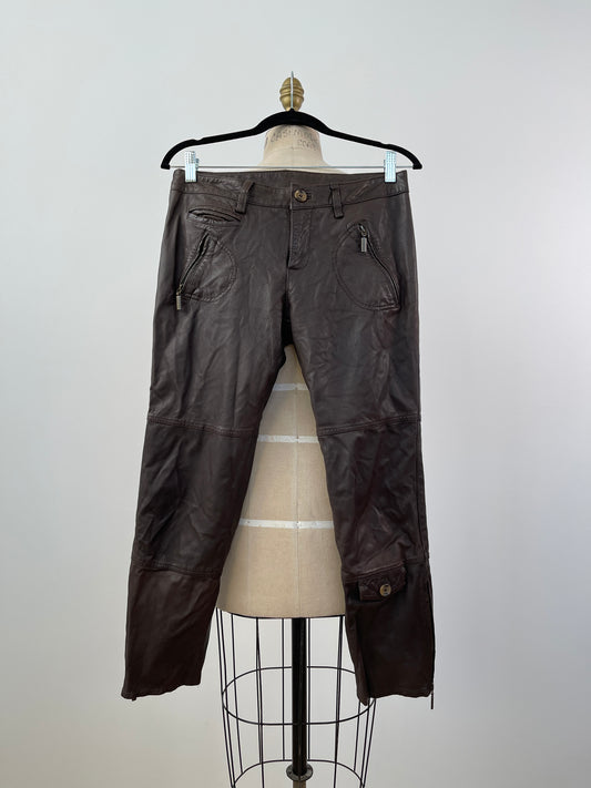 Pantalon taille basse chocolat en cuir (S)