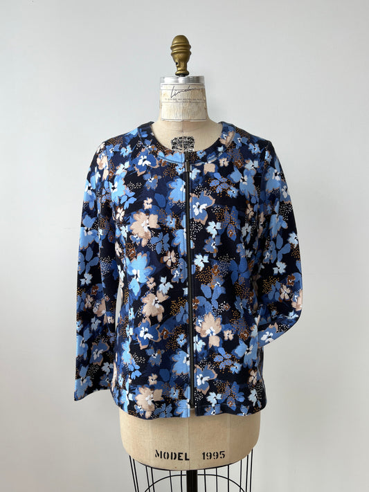 Veste marine à imprimé floral bleu texturé lavable (10)