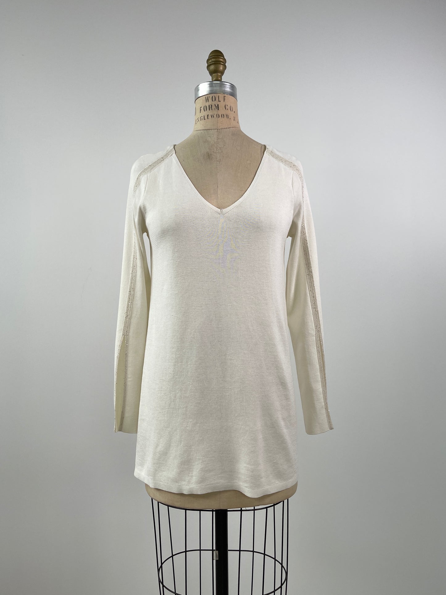 Chandail en tricot de coton et soie à manches fendues et lignes scintillantes (S)