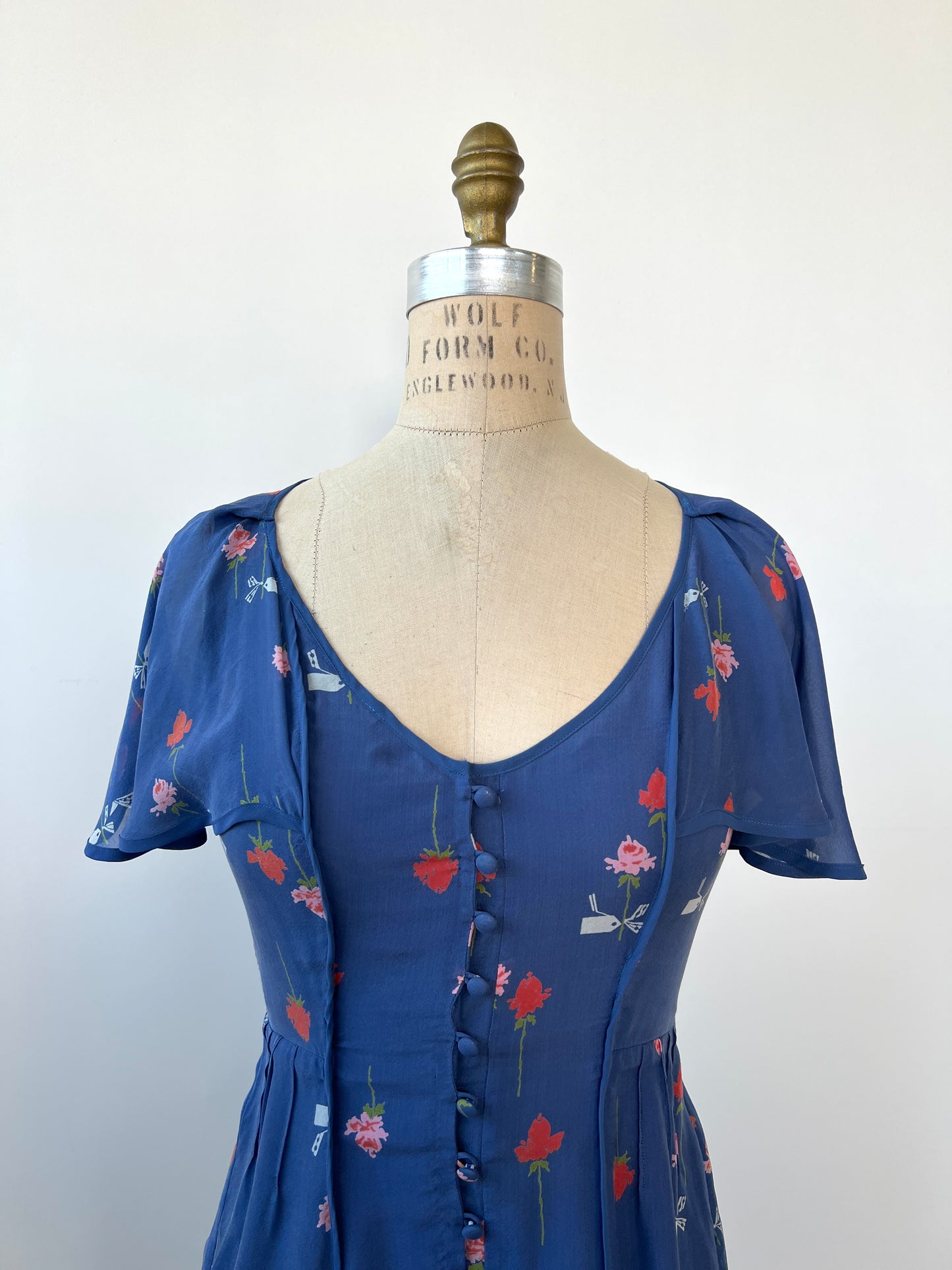 Robe cintrée en soie bleue florale (XXS/XS)