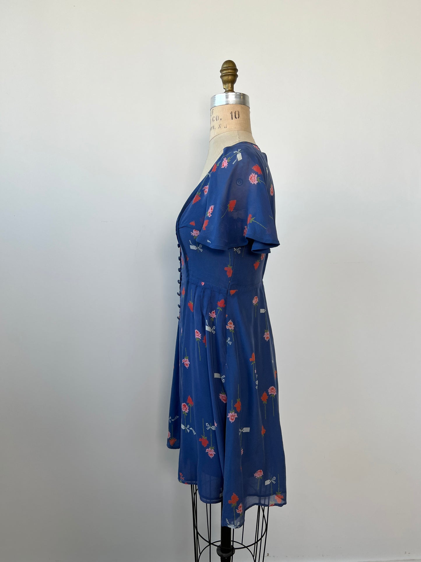 Robe cintrée en soie bleue florale (XXS/XS)