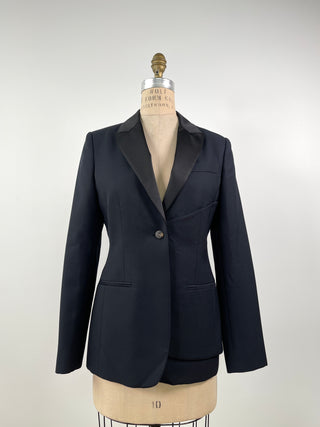 Fitted navy blazer in virgin wool and black satin effect (S)