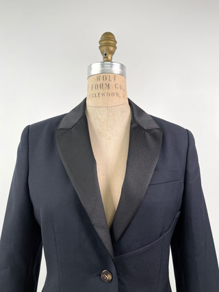 Fitted navy blazer in virgin wool and black satin effect (S)