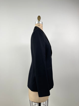 Fitted navy blazer in virgin wool and black satin effect (S)