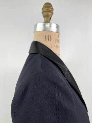 Fitted navy blazer in virgin wool and black satin effect (S)