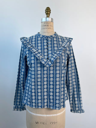 Blue denim-style blouse with bibs and floral embroidery (XXS)