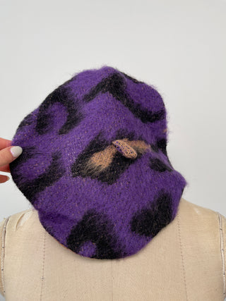 Purple, black and camel leopard beret