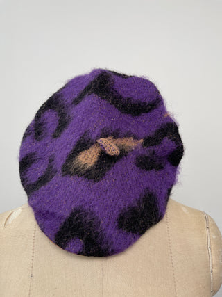 Purple, black and camel leopard beret