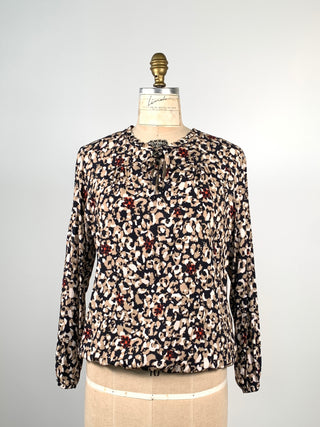 Blouse à imprimé floral noir beige et rouge  (M)