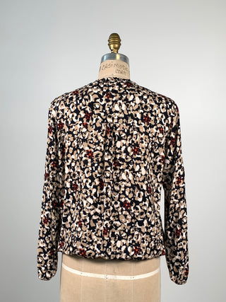 Blouse à imprimé floral noir beige et rouge  (M)