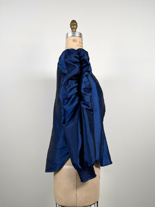 Metallic Blue Taffeta Blouse with Gathered Balloon Shoulders (S)