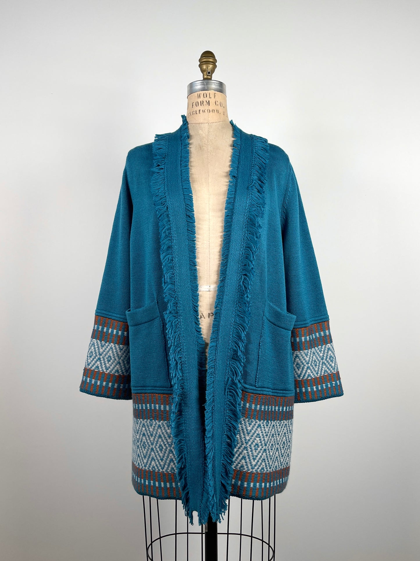 Veste turquoise en tricot de laine à jacquard (S/M)
