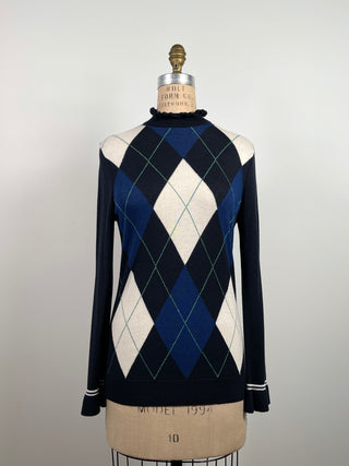 Navy sweater with diamonds and frilled collar (S)