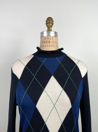 Navy sweater with diamonds and frilled collar (S)