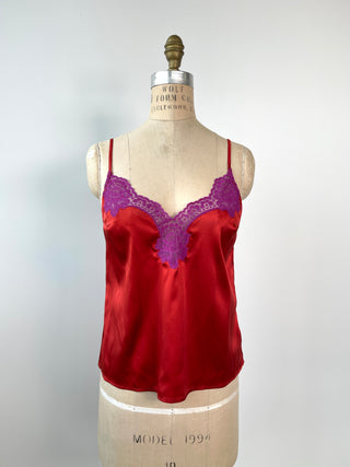 Orange stretch silk top with purple lace (M+L)