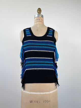 Blue, black and white fringed sleeveless top