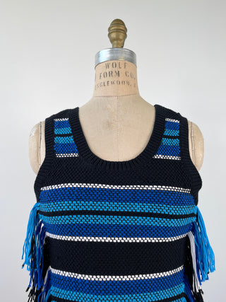 Blue, black and white fringed sleeveless top