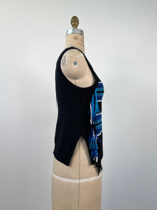 Blue, black and white fringed sleeveless top